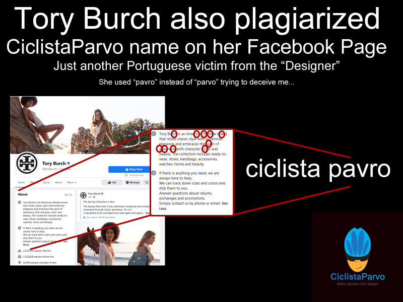 Tory Burch also plagiarized CiclistaParvo name on her Facebook Page