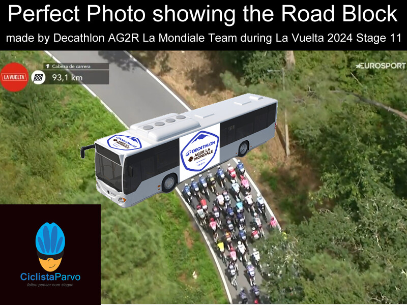 Perfect Photo showing the Road Block made by Decathlon AG2R La Mondiale Team during La Vuelta 2024 Stage 11