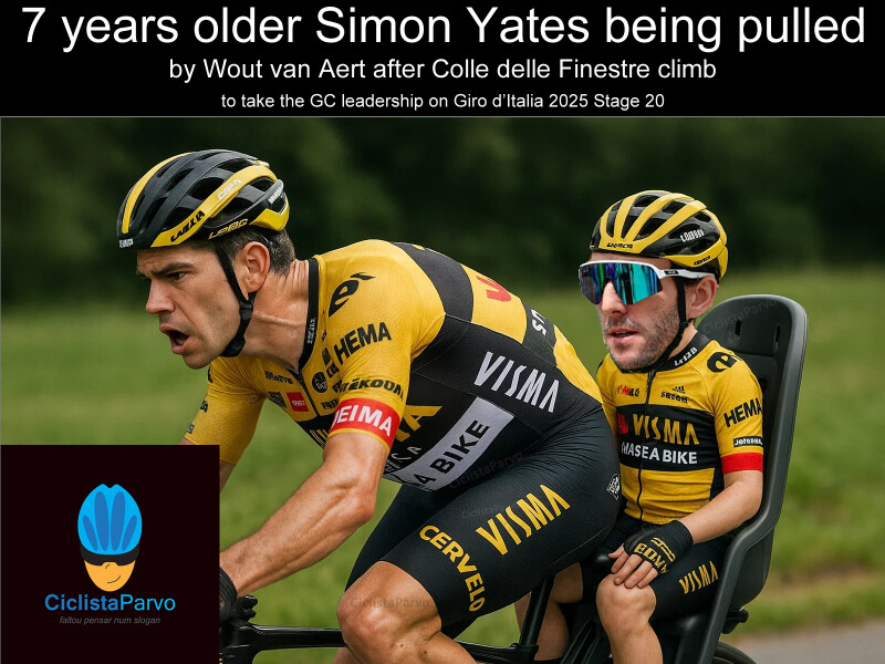 7 years older Simon Yates being pulled by Wout van Aert after Colle delle Finestre climb