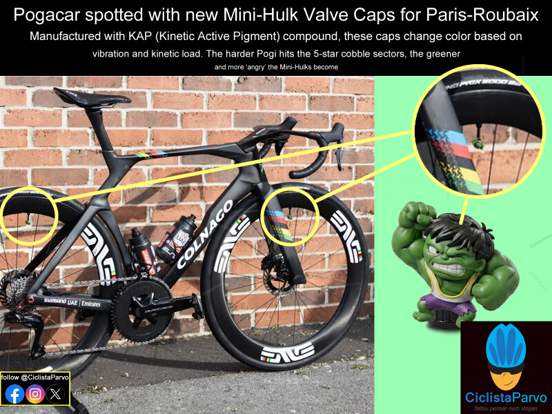 Pogacar spotted with new Mini-Hulk Valve Caps for Paris-Roubaix