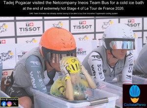 Tadej Pogacar visited the Netcompany Ineos Team Bus for a cold ice bath
