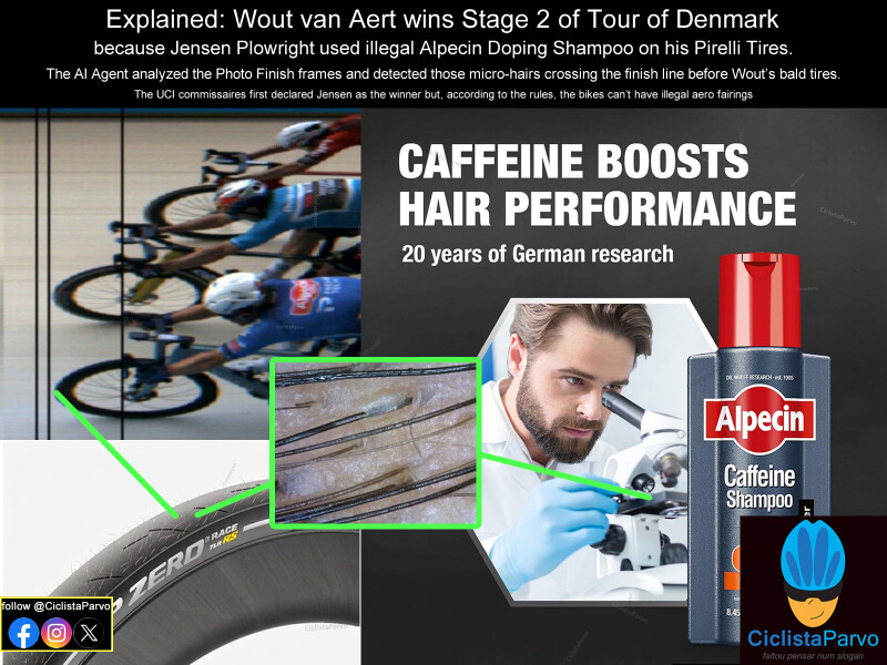 Explained: Wout van Aert wins Stage 2 of Tour of Denmark because Jensen Plowright used illegal Alpecin Doping Shampoo